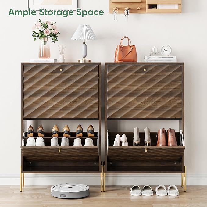 Shoe Storage Cabinet with Textured Diagonal Lines Doors 2 Flip Drawers, Walnut Narrow Shoe Cabinet Storage for Entryway, Freestanding Shoe Organizer Cabinet, Slim Shoe Rack Cabinet