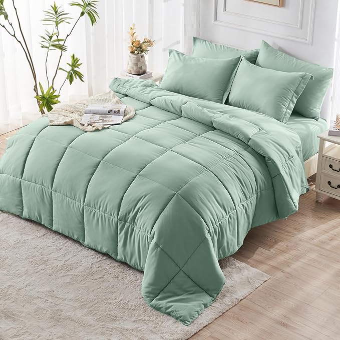 JOLLYVOGUE California King Comforter Set, Ultra-Soft Bed in a Bag Cal King Size 7 Pieces, Oeko-TEX Certified Bedding Set with Down Alternative Comforter, Sheets, Pillowcases & Shams, Sage Green