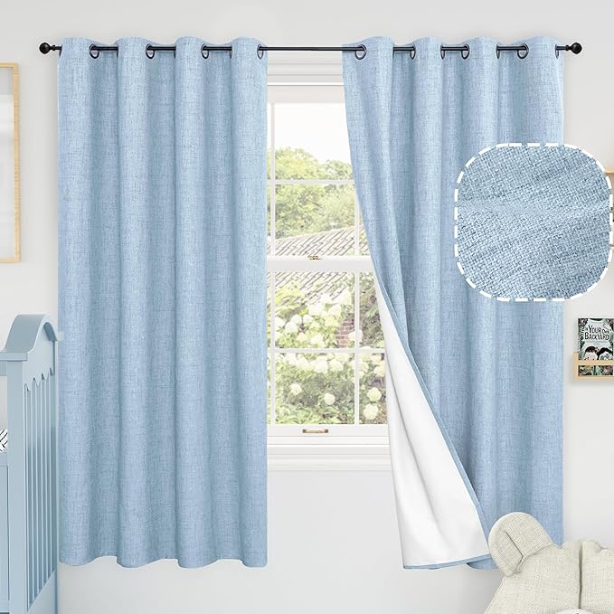 Baby Blue Linen Blackout Curtains for Nursery 63 Inch Length 2 Panels Set, Thermal Insulated Boho Total Black Out Noise Reducing Bonzer Grommets Window Curtains for Kids Bedroom, Each 60 Inch Wide