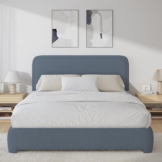 BarnFurin Full Size Bed Frame,Cloud Boucle Upholstered Platform Bed Frame with Headboard, Modern Style, Soft Rounded Corners, No Box Spring Required, Easy Assembly, Blue