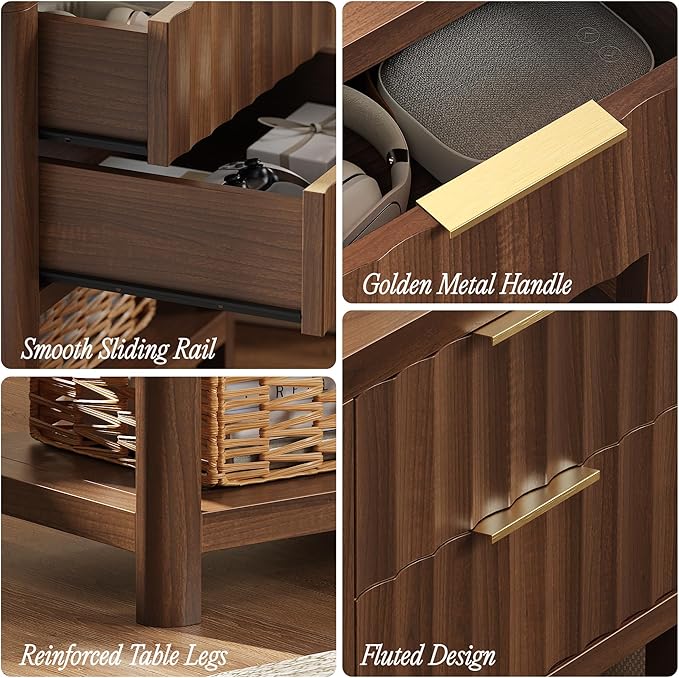 Huuger 27.6 Inch Tall Night Stands with Charger Station, USB-C Port, Fluted Nightstand Set of 2, Larger Wider Bed Side Table with 2 Deep Drawers, Open Shelf, Bedroom Living Room End Table, Walnut