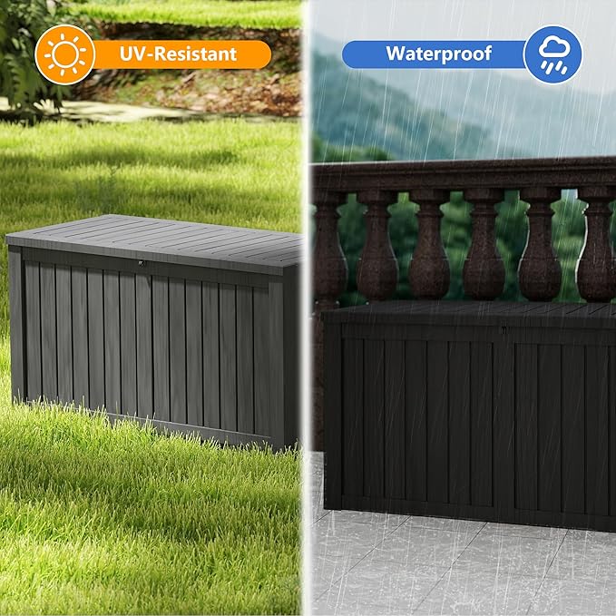 180 Gallon Outdoor Storage Box Waterproof, Resin Deck Boxes with Lockable Lid & UV-Resistant for Patio, Pool, Garden Furniture Cushions & Accessories, Black