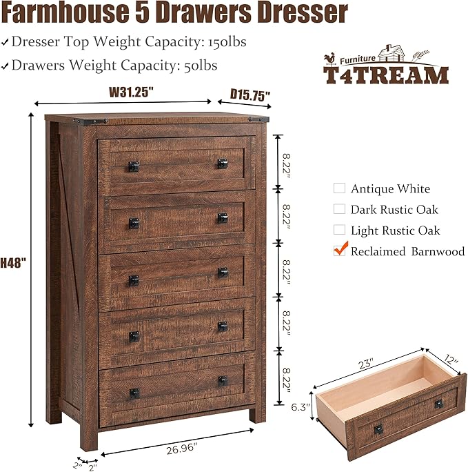 T4TREAM Farmhouse 5 Drawers Dresser Chests for Bedroom, Wood Rustic Tall Chset of Drawers,Dressers Organizer for Bedroom, Living Room,Hallway, Reclaimed Barnwood