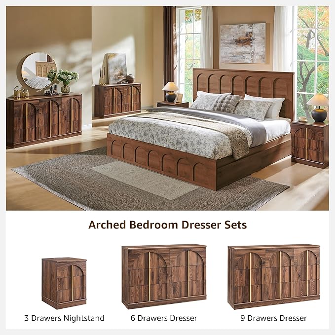 ACCOHOHO Arched Dresser for Bedroom with 9 Drawers, 52" Wide Modern Chest of Drawers with Rounded Edge & Metal Handles, Wood Storage Closet Dressers TV Stand for Living Room, Hallway, Brown