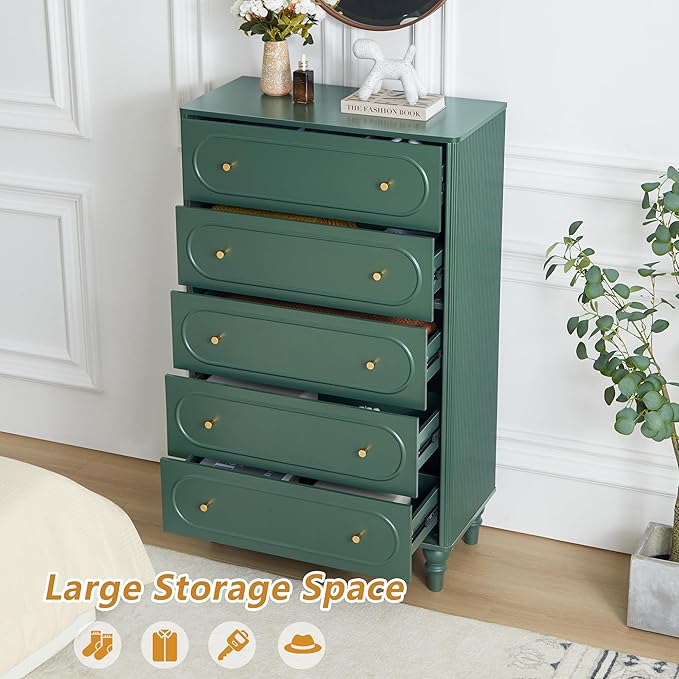 5 Drawer Fluted Dresser for Bedroom, Mid Century Modern Chest of Drawers, Wood Storage Large Dresser Organizer for Bedroom Living Room Hallway Closet, Green