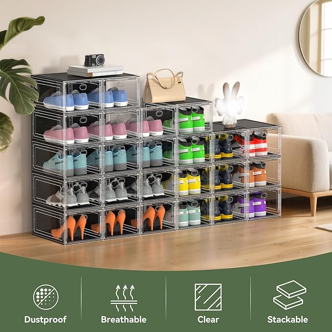 Thicken Hard Clear Shoe Storage Organizer for Closet, 10 Pack Modular Plastic Stackable Shoe Storage Box Organizer, Shoe Sneaker Rack Display Case Containers Bins with Lids, Black Clear