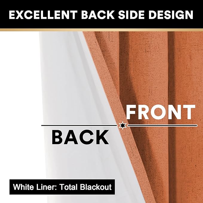 PrinceDeco Linen Blackout Curtains 84 Inches Long 100% Absolutely Blackout Textured Window Curtains for Living Room Energy Saving with White Liner,Anti-Rust Grommet, Orange,2 Panels