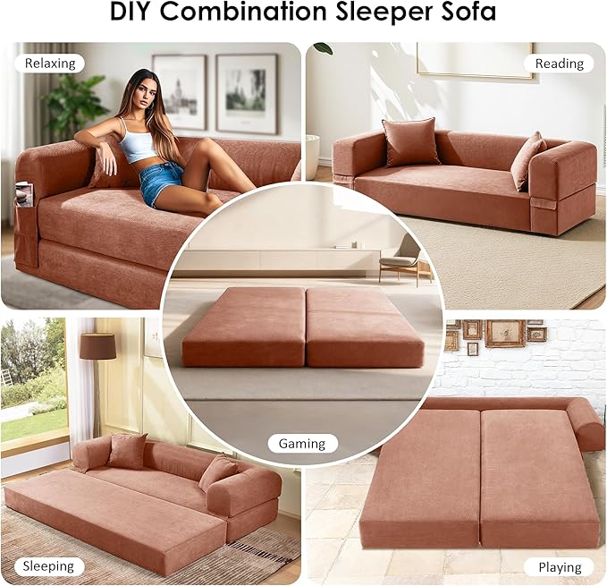 80" Convertible Sofa Bed, 3-in-1 Corduroy Folding Pull Out Couch with Pillows, No Assembly Modern Boneless Couch Compression Sofa in Box, Floor Sofa with Side Storage Pocket for Living Room,Pink