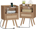 SUPERJARE Nightstands Set of 2, Night Stands with Charging Station & PE Rattan Decor Drawer, Bed Side Tables with Solid Wood Feet, End Table, for Bedroom, Living Room, Walnut