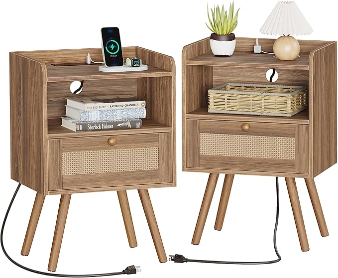SUPERJARE Nightstands Set of 2, Night Stands with Charging Station & PE Rattan Decor Drawer, Bed Side Tables with Solid Wood Feet, End Table, for Bedroom, Living Room, Walnut