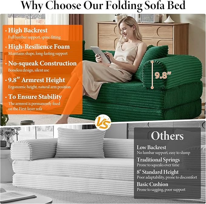 Convertible Futon Sofa Bed, Fold Out Floor Sofa Couch with Sleeper Sofa,Folding Boneless Couches with Deep Seat,Cloud Corduroy Foldable Mattress Couch for Living Room (Green)