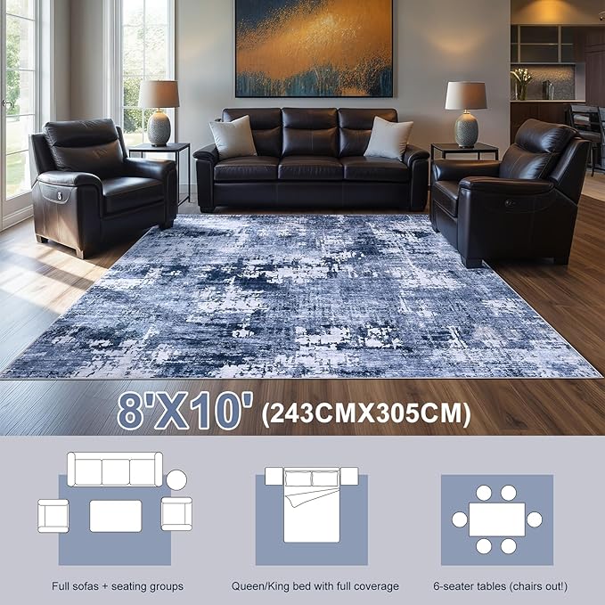 Area Rug Living Room Rugs - 8x10 Washable Large Soft Indoor Neutral Modern Abstract Low Pile Rug Carpet for Bedroom Dining Room Farmhouse Home Office - Navy Blue