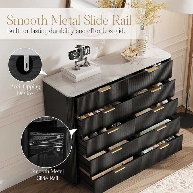 Fluted Drawers Dresser for Bedroom with 10 Drawers, 42'' Wide Mid Century Dressers with Faux Marble Top & Metal Handle, Wooden Chest of Drawers TV Stand, Natural Wood Closet Storage Organizer,Black