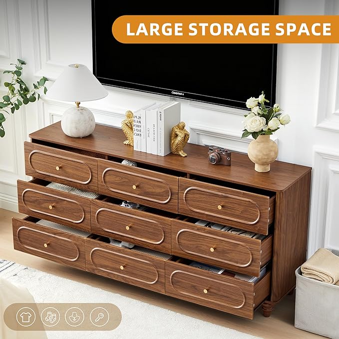 9 Drawer Fluted Dresser for Bedroom, Mid Century Modern Chest of Drawers, Wood Storage Small Dresser Organizer for Bedroom Living Room Hallway Closet, Walnut