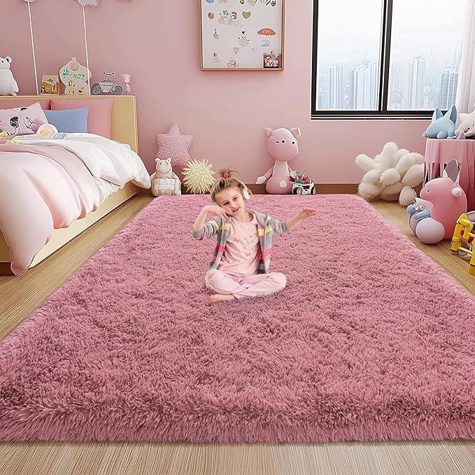 Fluffy Rugs for Living Room, Soft Shaggy Rugs for Bedroom, Blush Pink Shag Area Rug, Cozy Fuzzy Carpet for Kids Home Decor, 6x9 Feet