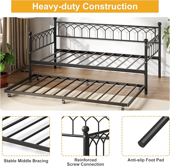 GarveeHome Twin Size Daybed, Sofa Bed Frame with Metal Steel Slat Support, Heavy Duty Metal Bed Frame, Space Saving, Easy Assembly, for Small Spaces, Living Room, Bedroom, Apartment, Black