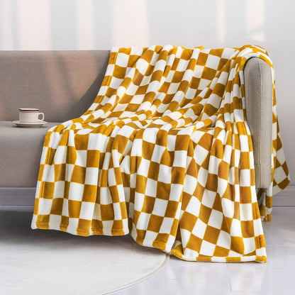 LOMAO Throw Blankets Flannel Blanket with Checkerboard Grid Pattern Soft Throw Blanket for Couch, Bed, Sofa Luxurious Warm and Cozy for All Seasons (Yellow, 90"x90")