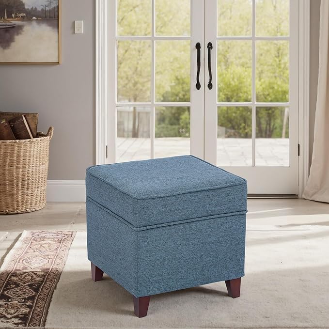 Adeco 17" Square Ottoman with Storage, Small Blue Storage Ottoman Foot Rest with Hinged Lid & Solid Wood Legs, Linen Fabric Foot Stool for Living Room & Bedroom, Seasonal Home Refresh & Gifting