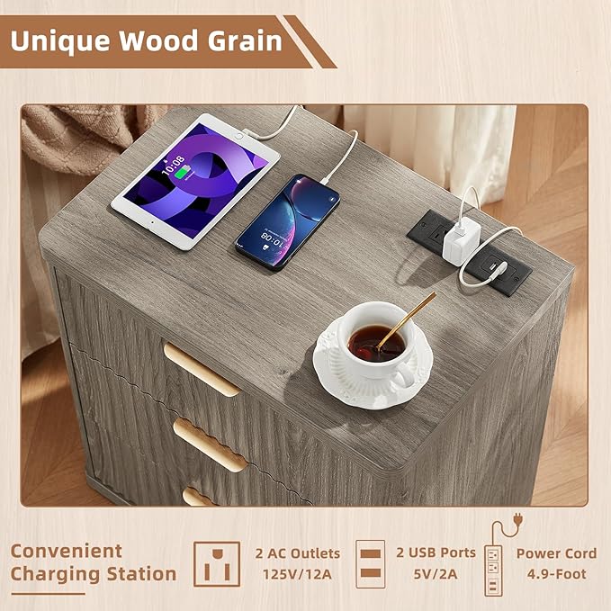 LEYAOYAO Fluted Dresser and Nightstand Sets, Wood 48" Wide Dresser & 23" Night Stand with Charging Station, 2 Piece Bedroom Furniture Set, Chest of Drawers for Bedroom, Home, Living Room, Grey