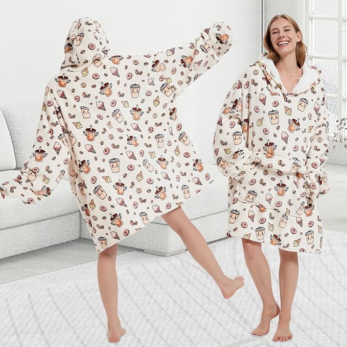 Wearable Blanket Hoodie for Adult,Oversized Sherpa Fleece Blanket Hoodie for Women Men,Coffee