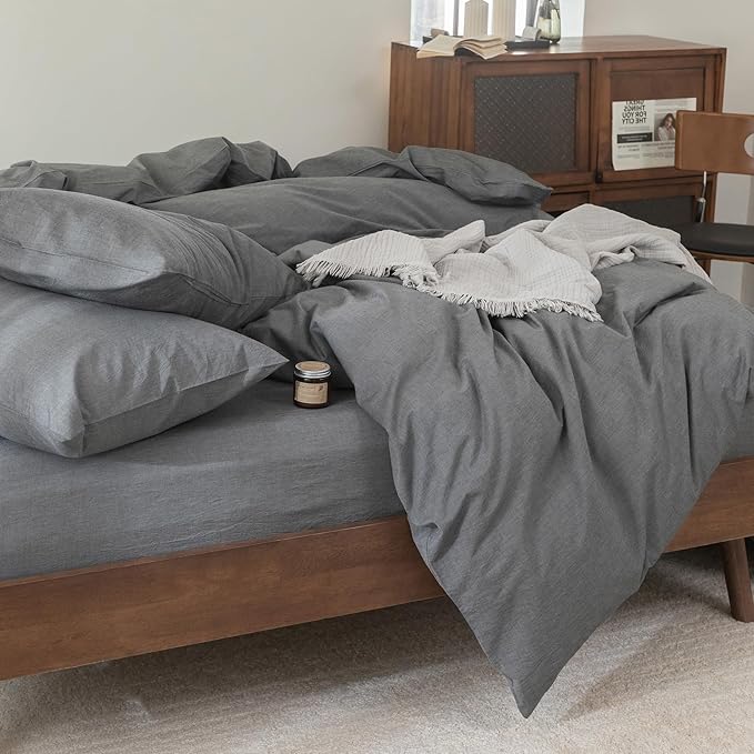 FOSSA Duvet Cover Set 100% Washed Cotton Linen Feel Super Soft Breathable Cozy 3 Pieces Bedding Sets Solid Dark Grey Super King Plus