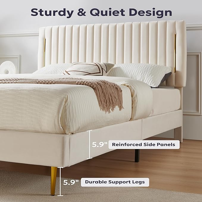 King Platform Bed Frame, Velvet Upholstered Bedframe with Vertical Channel Adjustable Headboard, Golden Plating Trim, Mattress Foundation with Wooden Slats, No Box Spring Needed, Beige