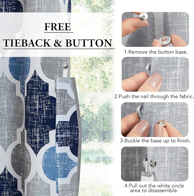 Beauoop 100% Blackout Curtains 84 Inches Long for Patio Sliding Door Blue Grey Extra Wide Moroccan Geo Room Darkening Thermal Soundproof Room Divider Grommet Window Treatment Drapes,100x84 Set of 1