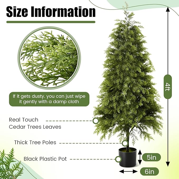 Giegxin 2 Pack 4ft Artificial Cedar Topiary Trees with Planter Outdoor Christmas Tree Decorations Faux Cypress Plants UV Resistant Potted Bushes Faux Shrubs for Outdoor Indoor Front Door Porch Garden