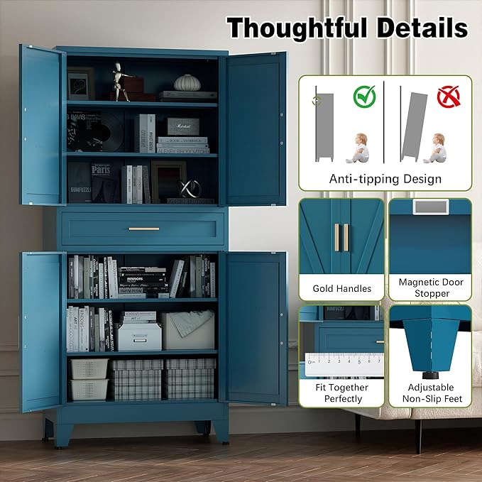 COFaR Farmhouse Storage Kitchen Pantry Cabinet with 4 Barn Door, 4 Adjustable Shelves, Drawer and Legs, for Cupboard/Dining Room/Bathroom/Living Room/Office/Laundry Room(Blue Green, 71" Metal Cabinet)