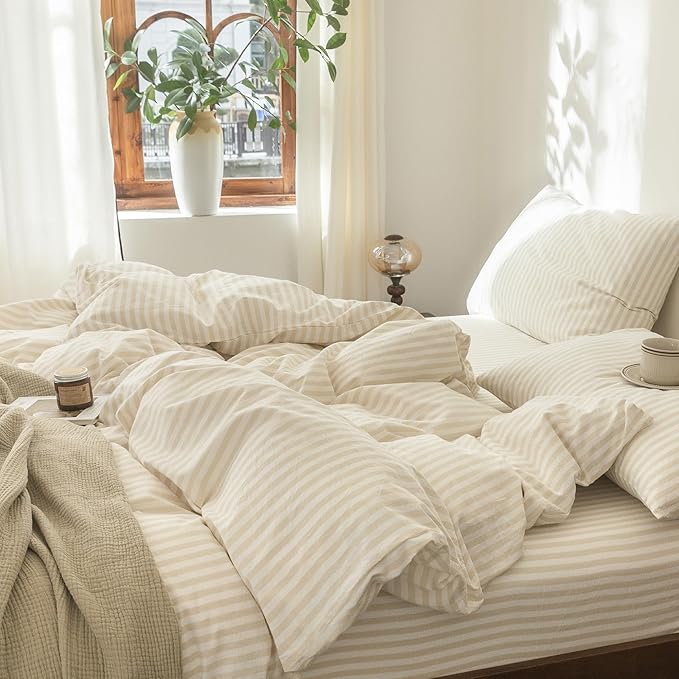 FOSSA Striped Duvet Cover Set 100% Washed Cotton Linen Feel Super Soft Breathable Cozy 3 Pieces Bedding Sets Almond Milk Grey Classic Stripes Queen