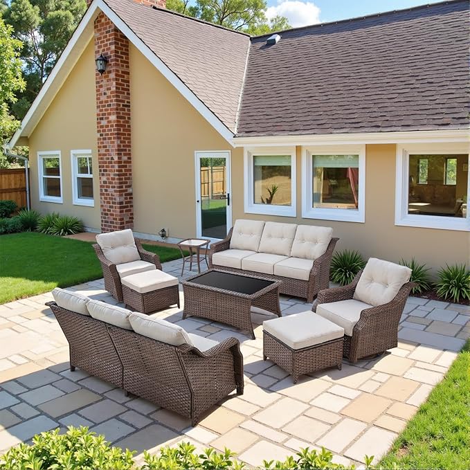 Belord High Back Wicker Outdoor Furniture - 8-Piece Patio Conversation Set with Swivel Rocker Glider Patio Chairs Set of 2 and Rattan Couch, Coffee Table and Ottoman for Lawn Backyard Porch Garden