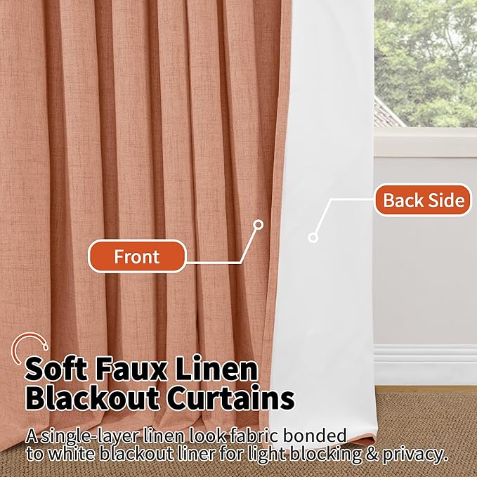 60 Inch Wide Linen Blackout Fall Curtains for Bedroom, Terracotta Curtains 63 Inch Long 2 Panels, Total Black Out Thermal Insulated Energy Saving Boho Window Drapes, 60x63 Inch 2 Panels