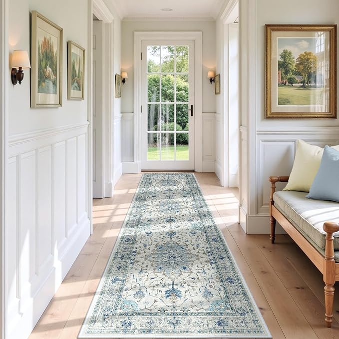 Area Rugs 3'x9' Washable Non-Slip, Floral Vintage Distress Print Pattern Medallion Carpet for Living Room Bedroom Dining Room, Light Blue Navy Beige Gray White