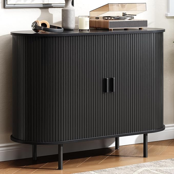 Buffet Cabinet with Storage, 40" Fluted Sideboard Buffet with Sliding Door, Coffee Bar Cabinet with Adjustable Shelf, Console Table, Accent Table for Entryway, Kitchen, Dining Room, Black