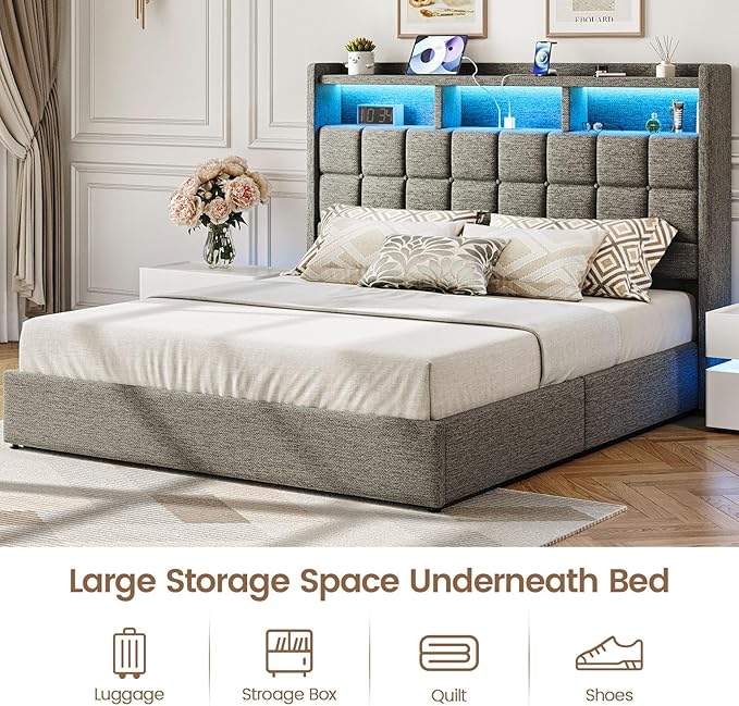 Lift Up King Size Bed Frame with Storage, Upholstered King Bed Frame with Charging Station and LED Lights Headboard, No Box Spring Needed, Easy Assembly - Light Grey