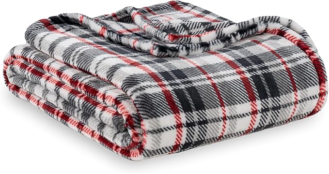 Berkshire Blanket-Classic Heavyweight Soft Printed VelvetLoft® Plush Warm Blanket, Twin Size Soft Fuzzy Blanket for Couch Sofa Bed, Plaid Black Red, 60in x 90in
