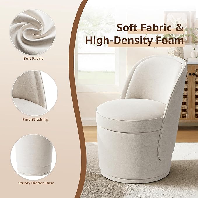 Swivel Accent Chair, 360° Swivel Chair with Hidden Storage, Vanity Chairs, Modern Small Barrel Swivel Armchair for Living Room/Bedroom, Beige