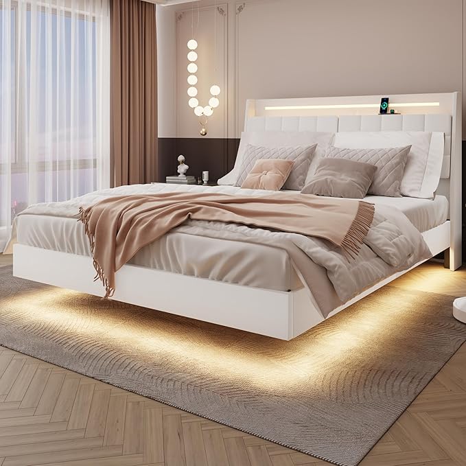 Full Size Floating Bed Frame with LED Lights & Charging Station, Upholstered Platform Bed with Hidden Storage Headboard & Shelves, Space-Saving Modern Bed for Bedroom & Apartment, Beige