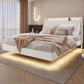 Queen Size Floating Bed Frame with LED Lights & USB Charging Ports, Upholstered Platform Bed with Storage Headboard & Hidden Shelves, Modern Floating Design for Bedroom or Guest Room, Beige