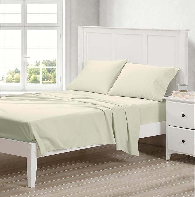 Cuddledown Dreamstead 100% Cotton Bed Sheets Set | 300 Thread Count | Luxurious Sateen Weave | Pure Combed Cotton | Soft | Wrinkle Resistant | 4 Piece Set | Birch | Queen | 60” x 80”