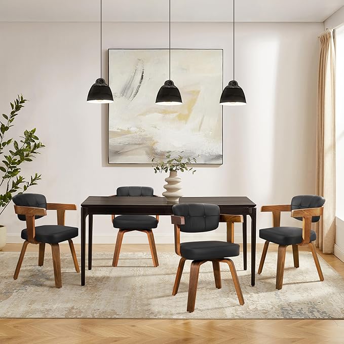 Art Leon Mid Century Dining Chairs - Set of 2 Faux Leather Upholstered Dining Chairs, Modern Swivel Dining Room Chairs Comfy Desk Chair No Wheels Accent Arm Chair for Kitchen Living Room Study, Black