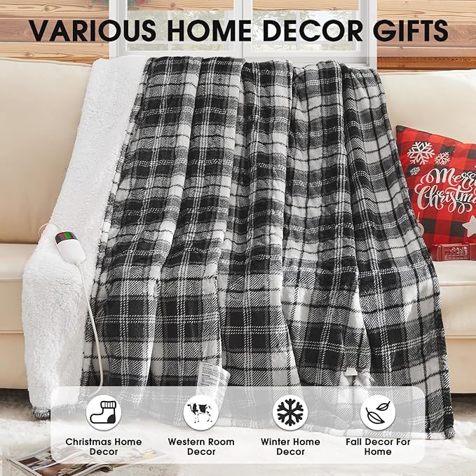 Black Heated Blanket Electric Throw, 50X60 Heating Throw with 10 Heats Levels & 8 Hours Auto Off, Plaid Soft Sherpa Blankets Warmer Gifts for Men Dad Boys Home Decor for Living Room Bedroom Office