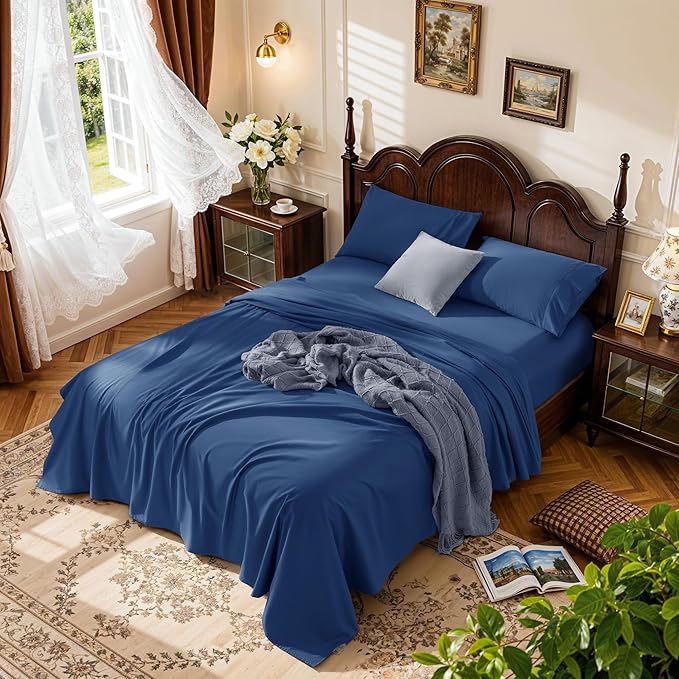 LBRO2M 1000 Thread Count 100% Cotton Sheets Set,Queen Size Bed Sheet 4 Piece Sets,Long Staple,16 Inches Deep Pocket,All Season,Bedding Super Soft Comforterble Breathable,Sateen(Navy Blue)