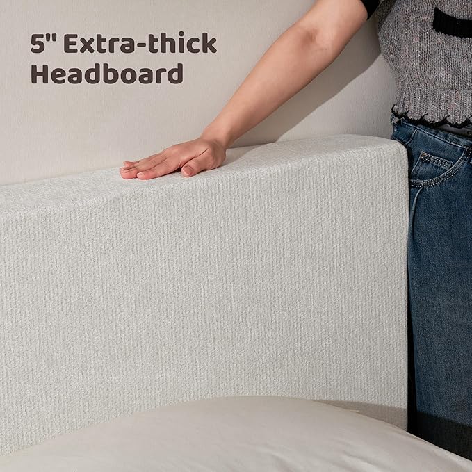 RECCI Cloud Upholstered King Bed Frame with Headboard, 5 Inch Foam Padded Platform, No Box Spring, Easy Assembly (Snow White)