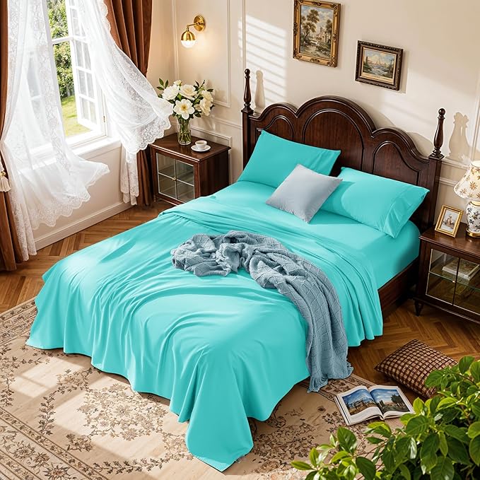LBRO2M 1000 Thread Count 100% Cotton Sheets Set,King Size Bed Sheet 4 Piece Sets,Long Staple,16 Inches Deep Pocket,All Season,Bedding Super Soft Comforterble Breathable,Sateen(Lake Green)