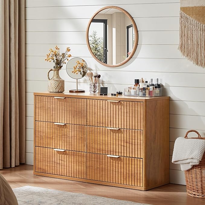 LEYAOYAO Fluted 6 Drawers Dresser Set of 2, 48" Wide Modern Chest of Drawers with Metal Handle, Brown Curved Profile Dresser TV Stand, Wooden Drawer Organizer for Bedroom, Living Room, Hallway