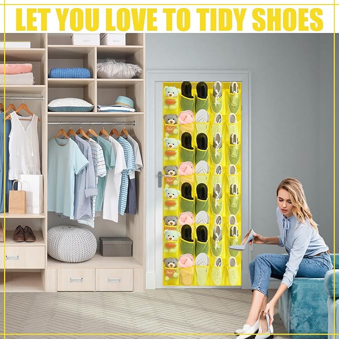 Windyun 40 Over the Door Shoe Organizer Large Mesh Pocket Hanging Shoe Rack for Closet Yellow Nonslip Behind Door Storage Holder Back to School Organizer for Dorm Room College Classroom Storage