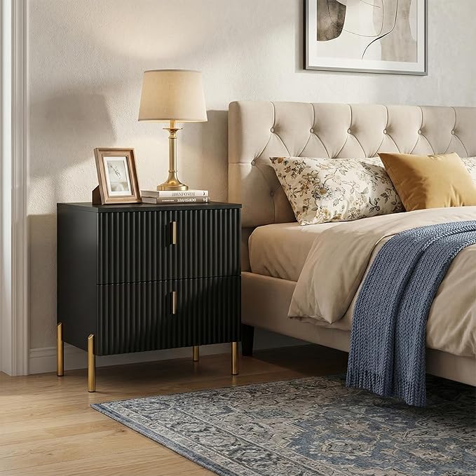 Luxury Fluted Night Stand Set of 2, Nightstand with 2 Drawers, Modern Bedside Table with Golden Legs and Handles, End Tables for Living Room Bedroom, Black