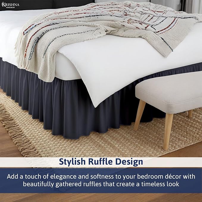 KRISHNA Ruffled Bed Skirt with Split Corners Full, 100% Microfiber Hotel Quality, 28 Inch Drop Dust Ruffle Gathered Bedskirt with Platform, 54" x 75", Dark Grey