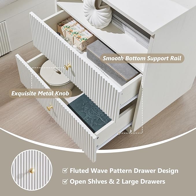 Fluted Nightstand with Charging Station, 21.65" Wide End Table with 2 Drawers, Modern Wood Bedside Table for for Bedroom, Living Room,White